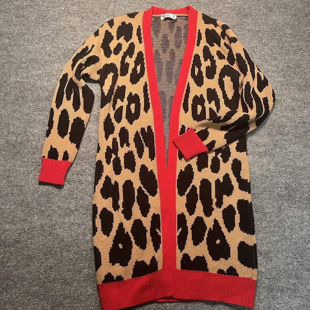 Long Open Cardigan Animal Print Red Details Medium Statement Piece Office